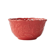 Red embossed stoneware serve bowl with floral relief and scalloped rim.