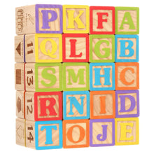 Stacked wooden alphabet blocks in colorful squares with letters A through J visible