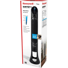 Retail box for a black tower fan with Honeywell QuietSet 5