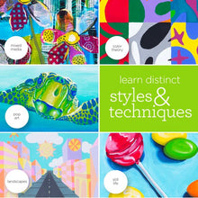 Mixed media painting samples with bright paint swatches and tools