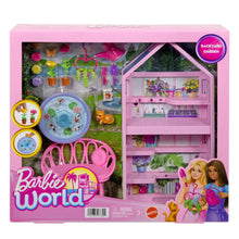 Barbie World backyard garden playset in pink box, shelf, fountain pool and accessories