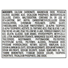 Supplement ingredients list label.