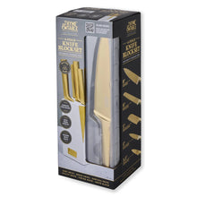 6-piece knife block set box showing gold knives and a white knife block