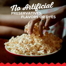Kettle corn popcorn in bowl with hands, no artificial preservatives message