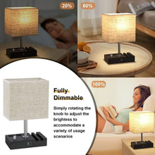 Pair of fabric-shade bedside lamps with black charging bases and dimmable control