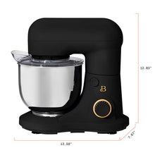 Black 3.5-quart stand mixer with stainless steel bowl; dimensions shown