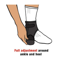 Black ankle brace with adjustable band wrapping around ankle and heel