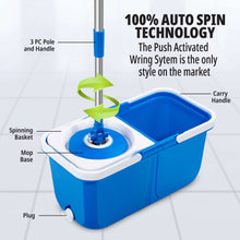 Blue and white spin mop bucket with wringer basket and gray push handle