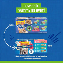 Wet cat food variety pack box, new look before/after message with 32 cans