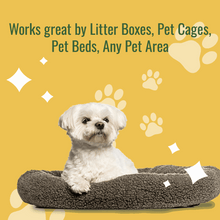Pet deodorizing solid air freshener advertising graphic with a resting dog on a bed