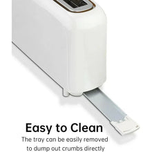 White 2-slice toaster with removable crumb tray extended for easy cleaning