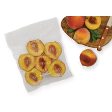 Vacuum storage bag with peach slices, plus another bag sample beside it