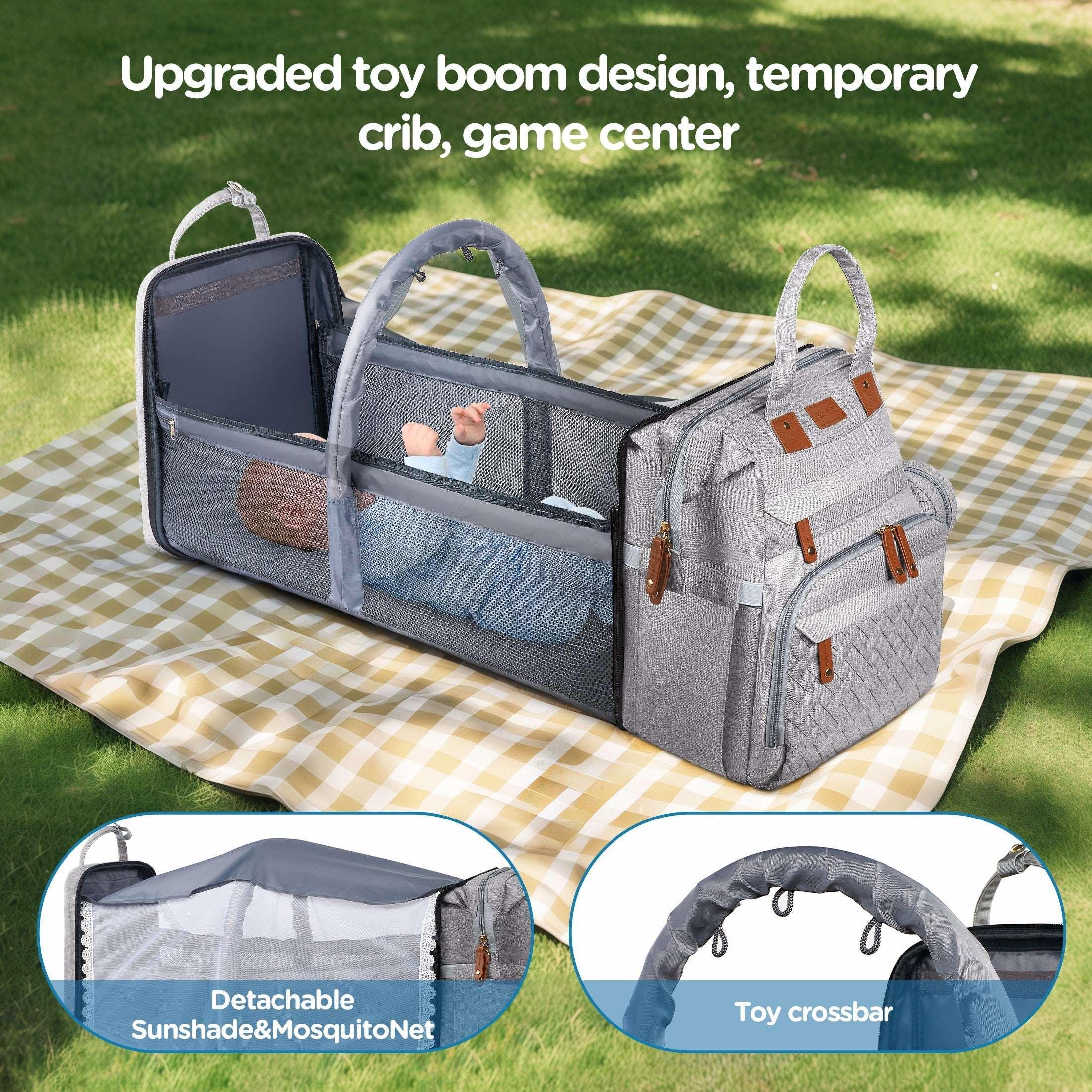 Babyomi Diaper Backpack with Changing Station, Foldable Crib, Insulated Pocket & USB Port, Large Travel Bag for Moms and Dads, Grey - USA MEGA SHOP
