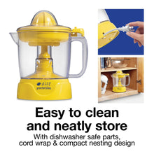 Electric citrus juicer with yellow base and clear pitcher, easy clean and storage design
