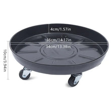 Black round plant caddy tray with four caster wheels and size markings