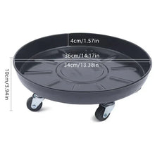 Black round plant caddy with wheels, shown with length and width measurements