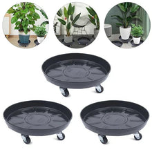 Three black round plant caddies with wheels and embossed tray design