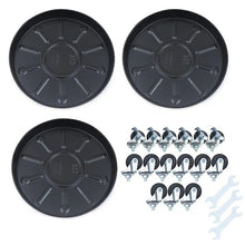 Black round plant caddy trays and included hardware screws and caster parts