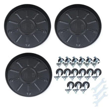 Set of black round plant caddy trays plus mounting hardware and wheels