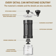 Exploded view of black hand coffee grinder parts: handle, ceramic core, glass bin