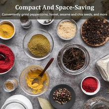 LINKChef coffee grinder shown with assorted spices and seeds in small containers