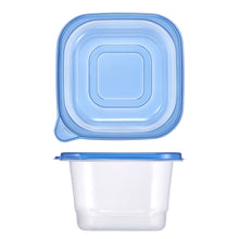 Square food storage container with clear body and blue snap-on lid, 4.4 cup