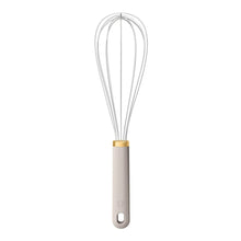 Porcini taupe mix & measure whisk with gold end accents and white handle