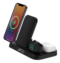 Charging alarm clock with angled phone cradle and smartwatch charging dock on base