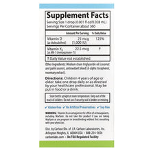 Supplement Facts panel for kid's D3 + K2 liquid vitamin drops, 360 servings