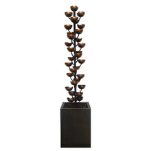 Cascading cup fountain with bronze cups on black stand and rectangular base