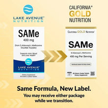 SAMe supplement packaging label showing 400 mg per serving and 60 enteric coated tablets