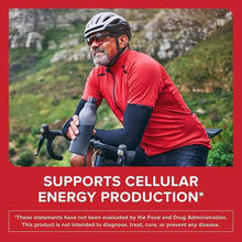 Ubiquinol health benefits marketing card with cyclist and cellular energy text