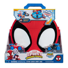 Action launch carry case toy packaging with red case front and Spidey vehicle accessories