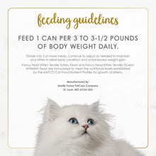 Kitten wet cat food feeding guidelines card shown with a white kitten