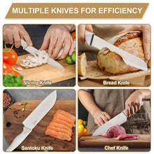 Multi-knife set featuring slicing knife, bread knife, and chef knife