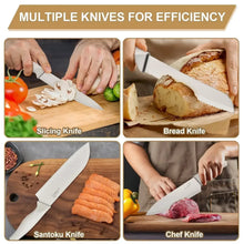 White knife set with multiple blades, shown slicing vegetables, bread, and meat