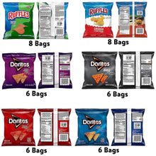 Assorted Ruffles and Doritos chip bags showing front and Nutrition Facts sides