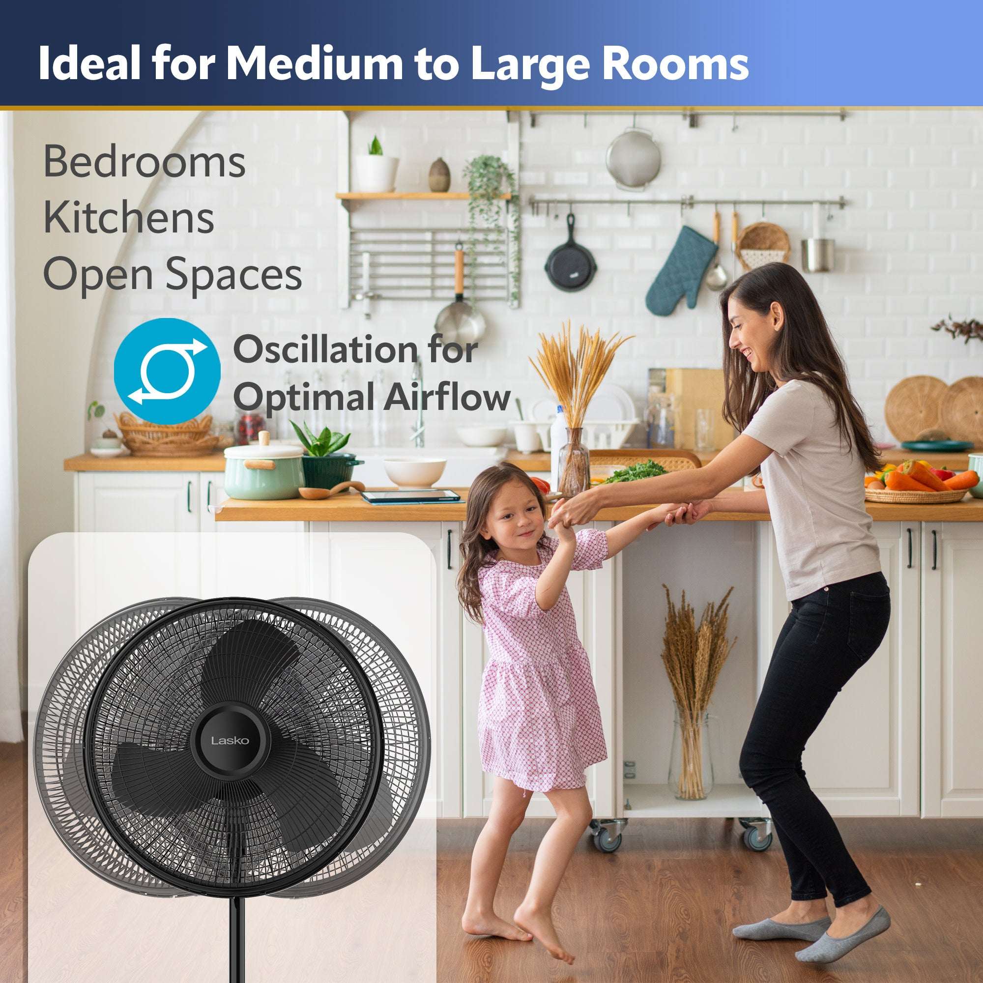 Lasko 16" Oscillating Pedestal Fan with Adjustable Height and Tilt-Back Head for Whole Room Cooling, Black, S16500