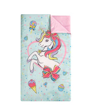 Unicorn slumber bag with zipper and pink reversible top on pastel blue fabric