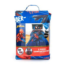 Packaged Spider-Man 2-piece twin/full comforter set with blue reversible bedding and pillowcase
