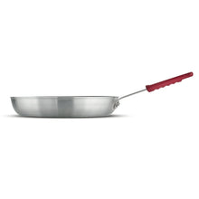 Empty 14-inch nonstick fry pan with red handle, stainless steel body