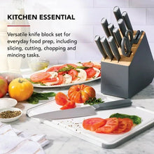 Charcoal gray knife block set with chef knife and upright steel knives