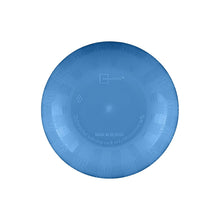 Blue plastic plate with etched checkered pattern and bottom label icons