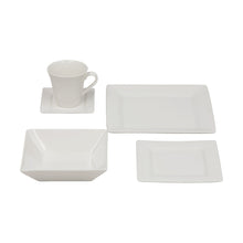 Square stoneware dinner plates and mug, smooth cream-white glaze