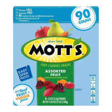 Assorted fruit snack box, 90 count, Mott's branding and fruit graphic front