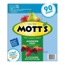 Assorted fruit snack box front with Mott's logo, pear and red fruit illustrations