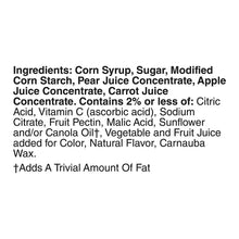 Assorted fruit snack box ingredients list text on a white panel