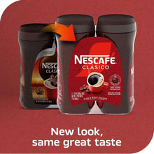 Nescafé Clasico instant coffee canisters with a small canister, dark brown and red branding