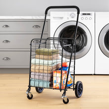 MS shopping cart with wire basket, black frame, blue wheels, loaded with towels and supplies