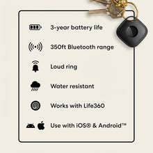 Black Tile Bluetooth tracker keychain with feature icons and battery life info